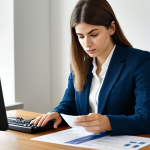 Responsible Credit Card Use**

A young professional woman, fully clothed in modest office attire, carefully reviewing her credit card statement at a well-lit desk. She appears thoughtful and in control of her finances. Modern apartment background. "Safe for work", "appropriate content", "professional", "modest", "perfect anatomy", "correct proportions", "natural pose", "well-formed hands", "proper finger count", "natural body proportions".

**